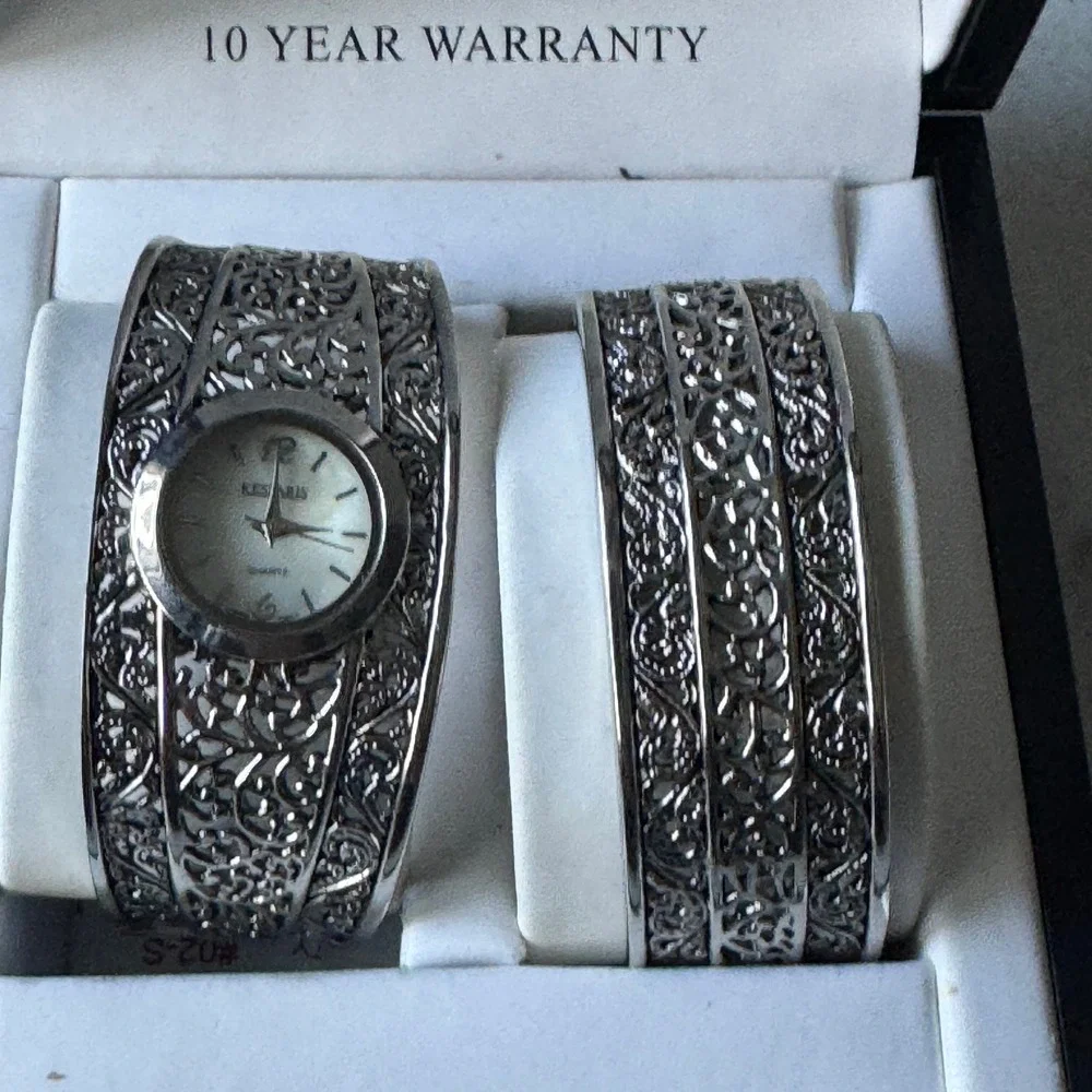 Kessaris Womens Silver Tone Filigree Cuff Watch and Matching Bangle Bracelet Set